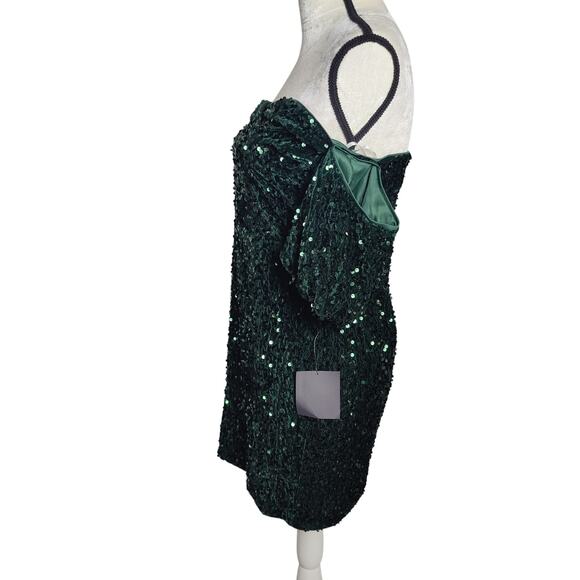 NWT Lulus Sz XL All Aglitter Emerald Green Sequin Off the Shoulder Mini Dress - Picture 6 of 9